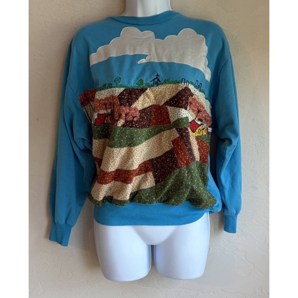 Vintage MGM Landscape Patchwork Quilted Sweatshirt M Novelty Cottagecore Retro